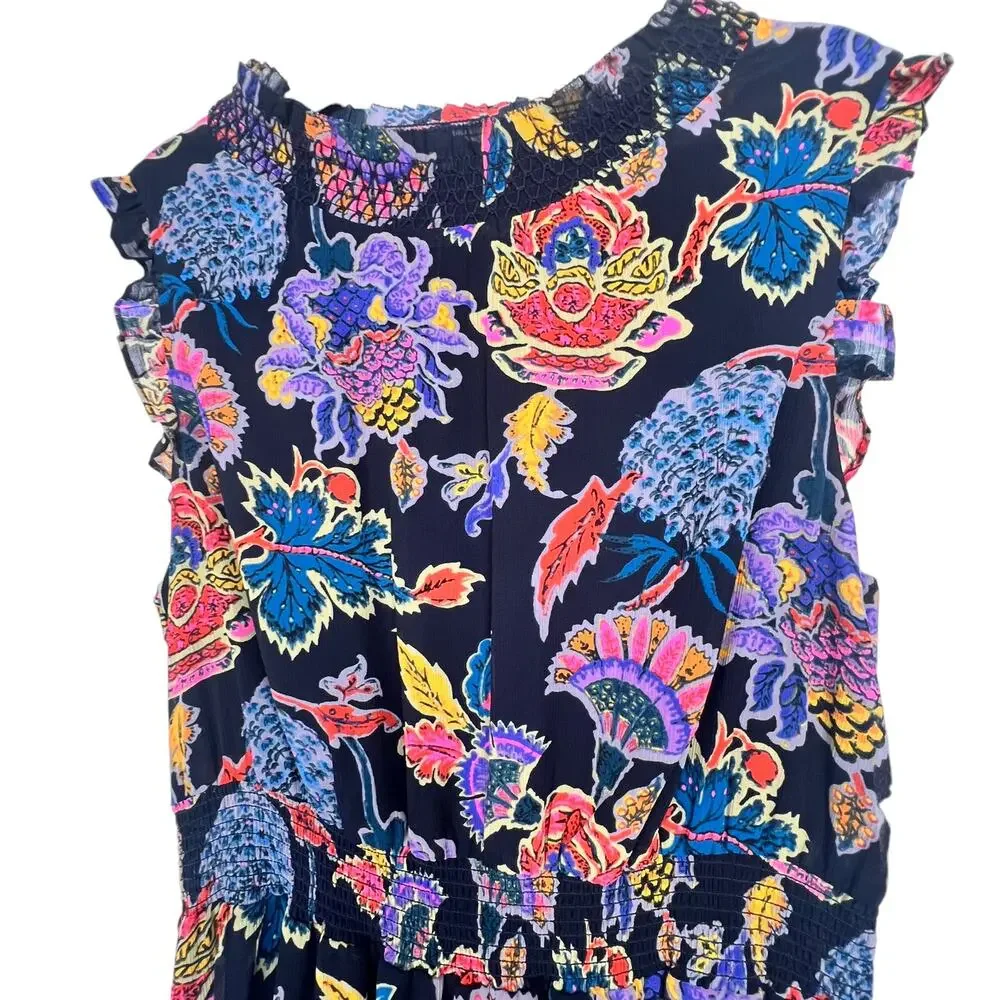 J.CREW Women's Size M Vibrant Multicolor Floral Smocked-Waist Midi Dress